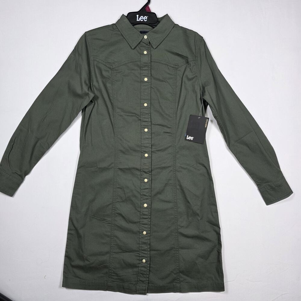 Lee Jeans Heritage Womens Small Shirt Dress Olive Green Button Front Long Sleeve